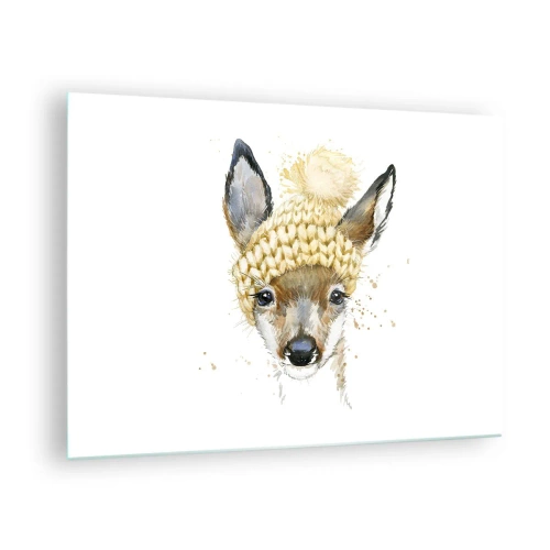 Quadro em vidro - Um veado com um chapéu de lã e um pompom - 70x50cm - Para o inverno na floresta - Decoração de parede moderna para a sala de estar e quarto ARTTOR