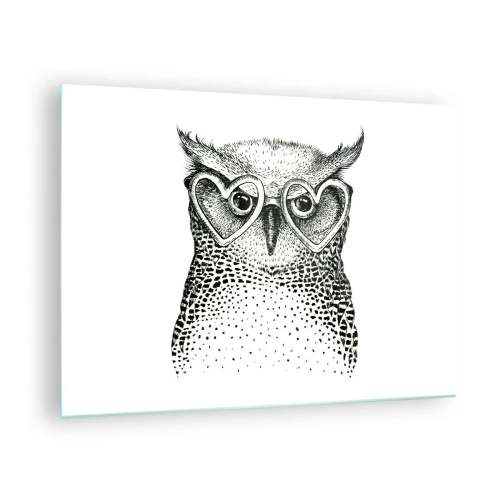 Quadro em vidro - Ilustração de uma coruja usando óculos em formato de coração - 70x50cm - Sabiamente e amorosamente - Decoração de parede moderna para a sala de estar e quarto ARTTOR