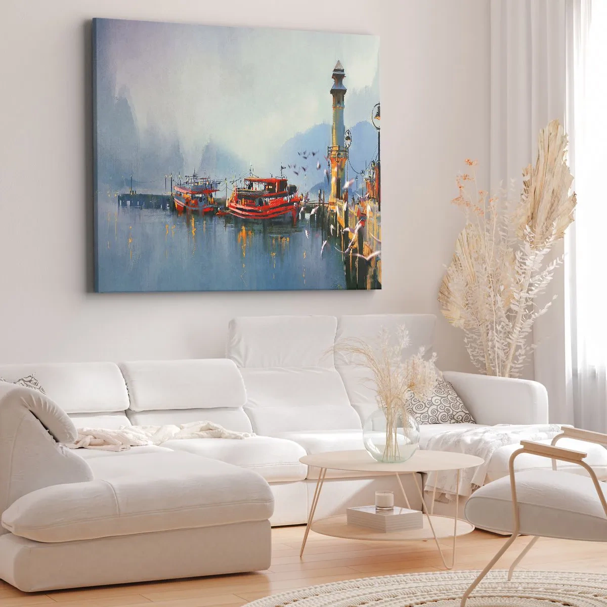 Quadro em tela - Um porto com barcos vermelhos cercados por uma paisagem enevoada - 70x50cm - No fim do mundo - Decoração de parede moderna para a sala de estar e quarto ARTTOR