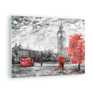 Quadro em vidro - Big Ben com um ônibus vermelho e guarda-chuva em um cenário de árvores de outono - 70x50cm - Um dia emocionante - Decoração de parede moderna para a sala de estar e quarto ARTTOR