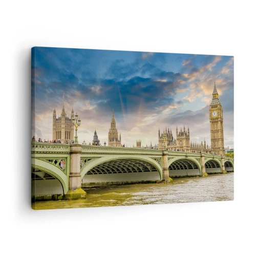 Quadro em tela - O Big Ben e a Ponte de Westminster contra o céu ao entardecer - 70x50cm - O tempo parou no Império - Decoração de parede moderna para a sala de estar e quarto ARTTOR