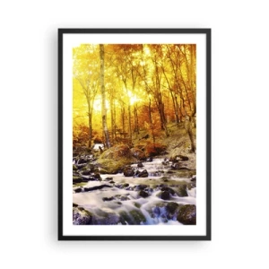 Pôster com moldura preta - Floresta de outono com um riacho correndo à luz do pôr do sol - 50x70cm - Pedras emolduradas em ouro e platina - Decoração de parede moderna para a sala de estar e quarto ARTTOR