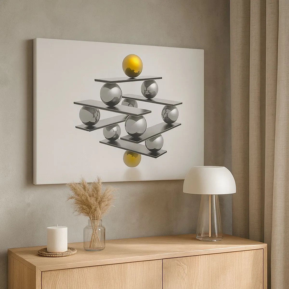 Quadro em tela - Composição geométrica com bolas de metal e detalhes dourados - 70x50cm - Equilíbrio de ouro e prata - Decoração de parede moderna para a sala de estar e quarto ARTTOR