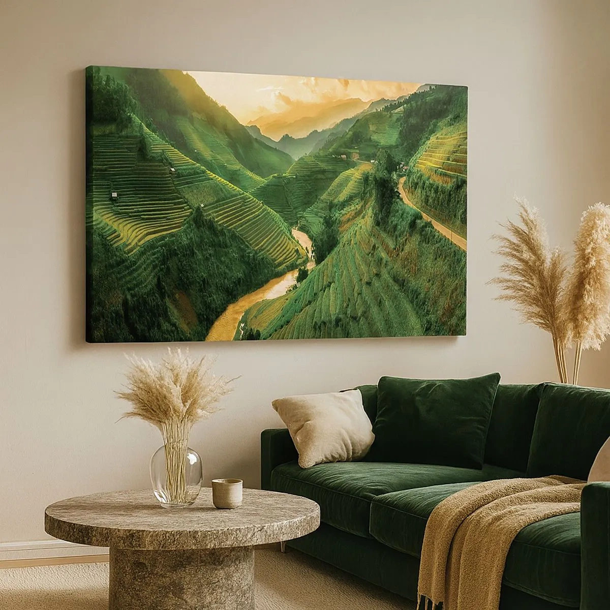 Quadro em tela - Pitorescos terraços de arroz em um vale verde iluminado pelo pôr do sol - 70x50cm - Vale vietnamita - Decoração de parede moderna para a sala de estar e quarto ARTTOR