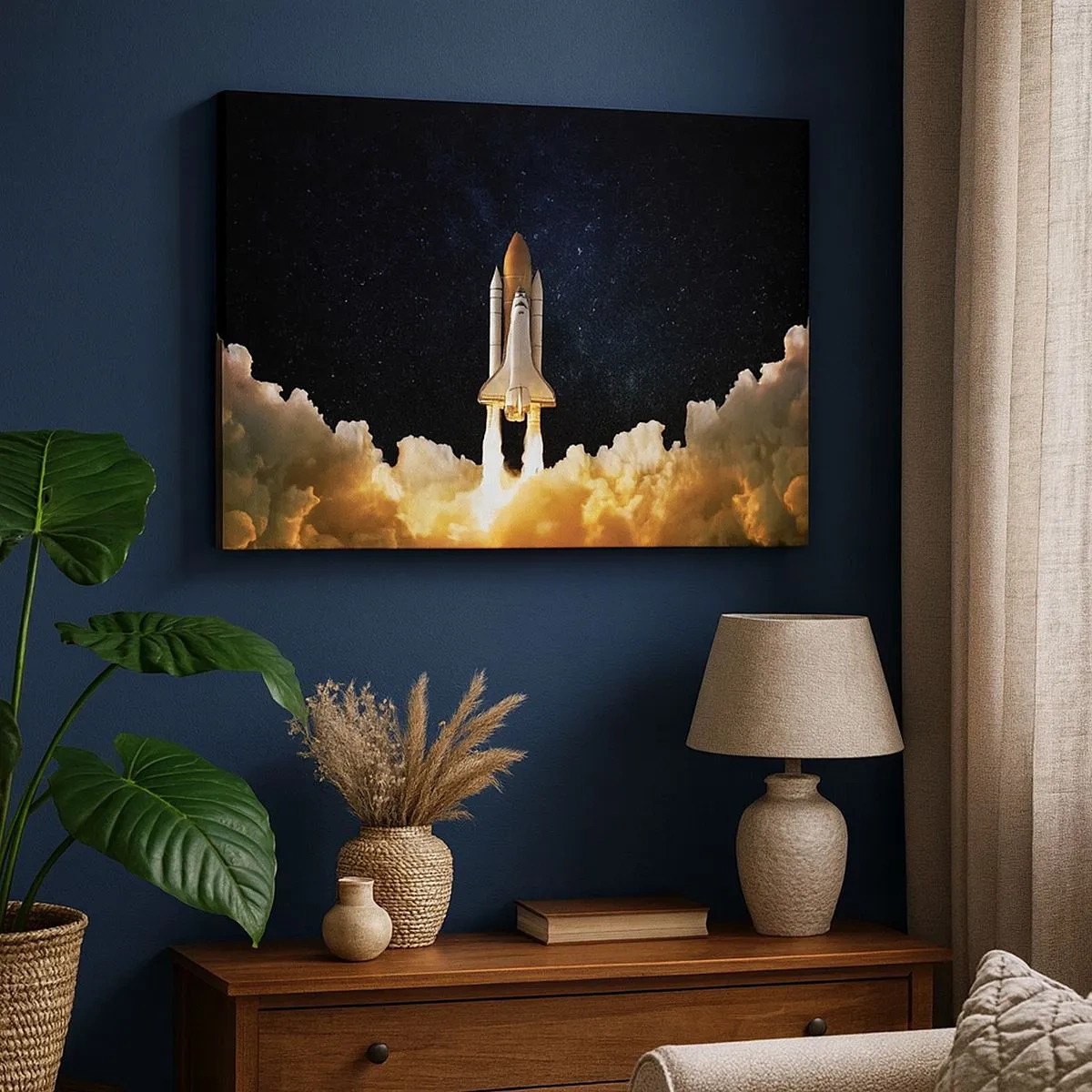 Quadro em tela - Um foguete espacial decolando contra o céu estrelado - 70x50cm - Ad astra! - Decoração de parede moderna para a sala de estar e quarto ARTTOR