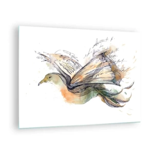 Quadro em vidro - Um pássaro de um livro desenrolado, uma metáfora artística para o conhecimento - 70x50cm - Nas asas da poesia - Decoração de parede moderna para a sala de estar e quarto ARTTOR