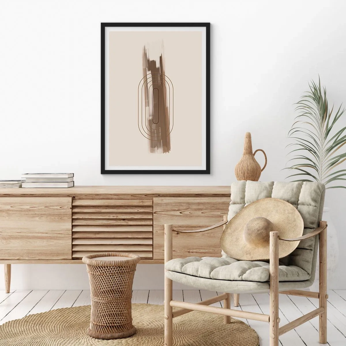 Pôster com moldura preta - Forma geométrica em tons de marrom e bege - 50x70cm - Um sopro de cinza - Decoração de parede moderna para a sala de estar e quarto ARTTOR