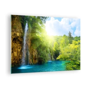 Quadro em vidro - Uma cachoeira desaguando em um lago azul cercado por vegetação - 70x50cm - Deve ser o Éden - Decoração de parede moderna para a sala de estar e quarto ARTTOR