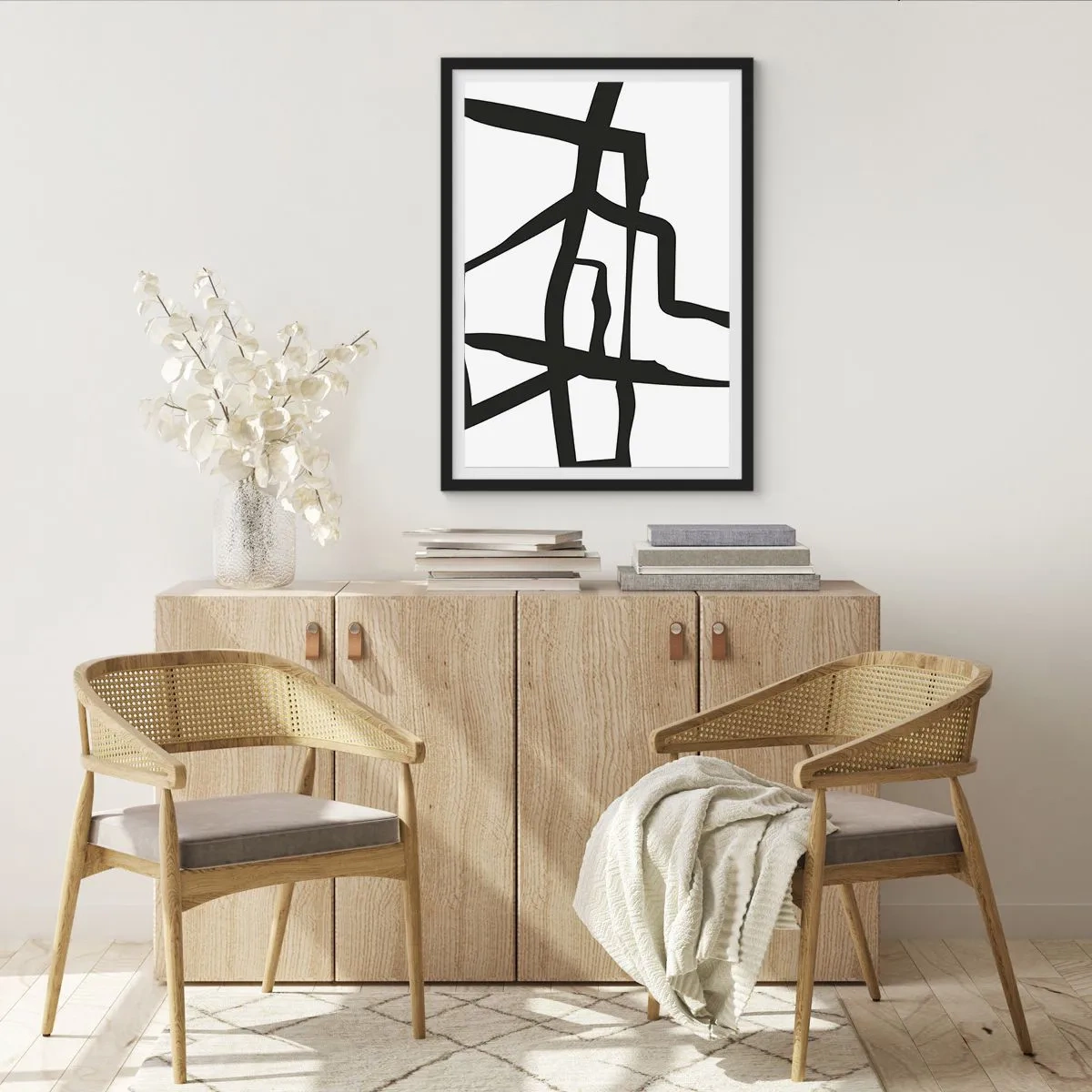 Pôster com moldura preta - Composição abstrata de linhas pretas em um fundo branco - 50x70cm - Projeto preto e branco - Decoração de parede moderna para a sala de estar e quarto ARTTOR