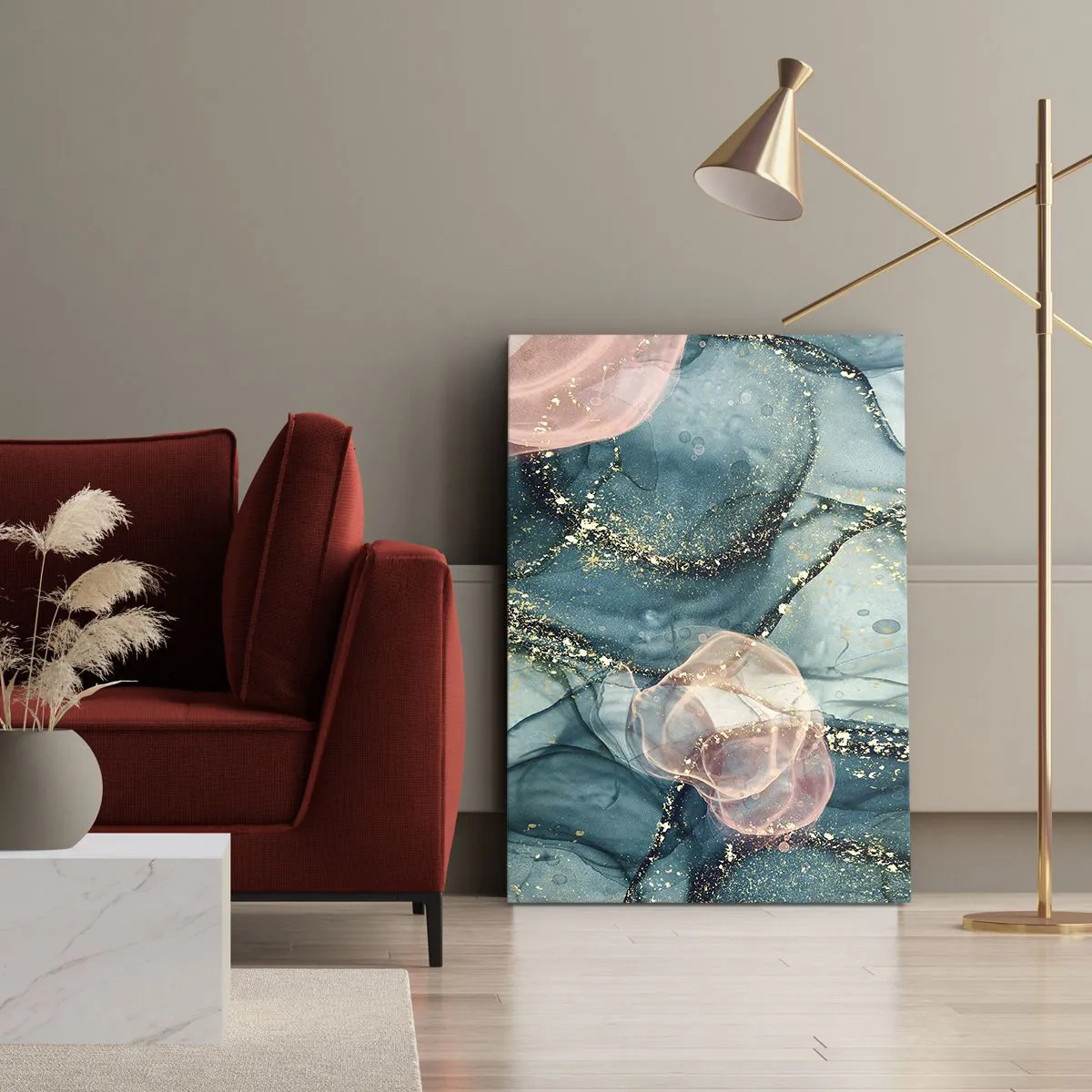 Quadro em tela - Azul seda, rosa tule - 50x70 cm