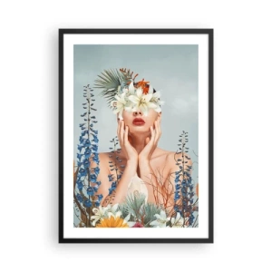 Pôster com moldura preta - Uma mulher cercada por flores em uma composição surreal - 50x70cm - Mulher – flor - Decoração de parede moderna para a sala de estar e quarto ARTTOR