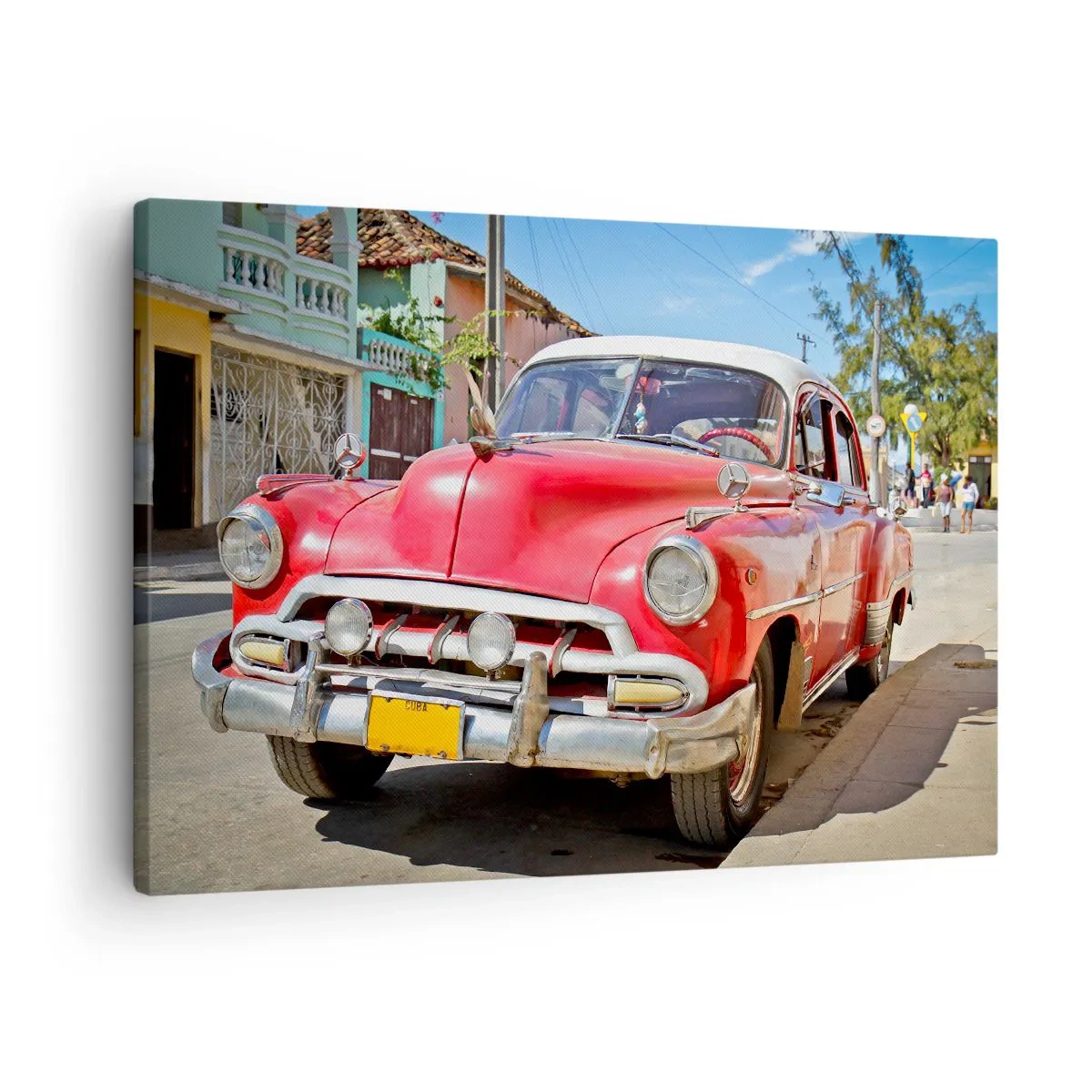 Quadro em tela - Um carro clássico vermelho estacionado na rua em um dia ensolarado - 70x50cm - Apenas em Cuba - Decoração de parede moderna para a sala de estar e quarto ARTTOR