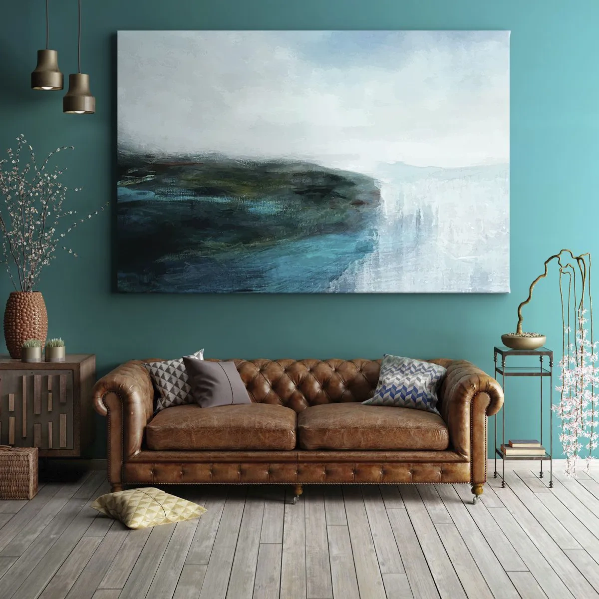 Quadro em tela - Paisagem abstrata em tons de turquesa e cinza - 70x50cm - Abstração náutica - Decoração de parede moderna para a sala de estar e quarto ARTTOR