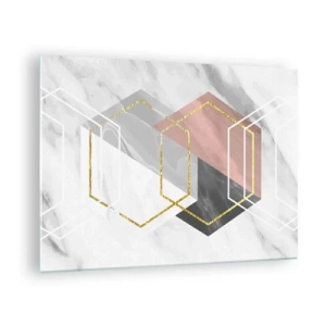 Quadro em vidro - Formas geométricas douradas sobre fundo de mármore - 70x50cm - Composição em cadeia - Decoração de parede moderna para a sala de estar e quarto ARTTOR