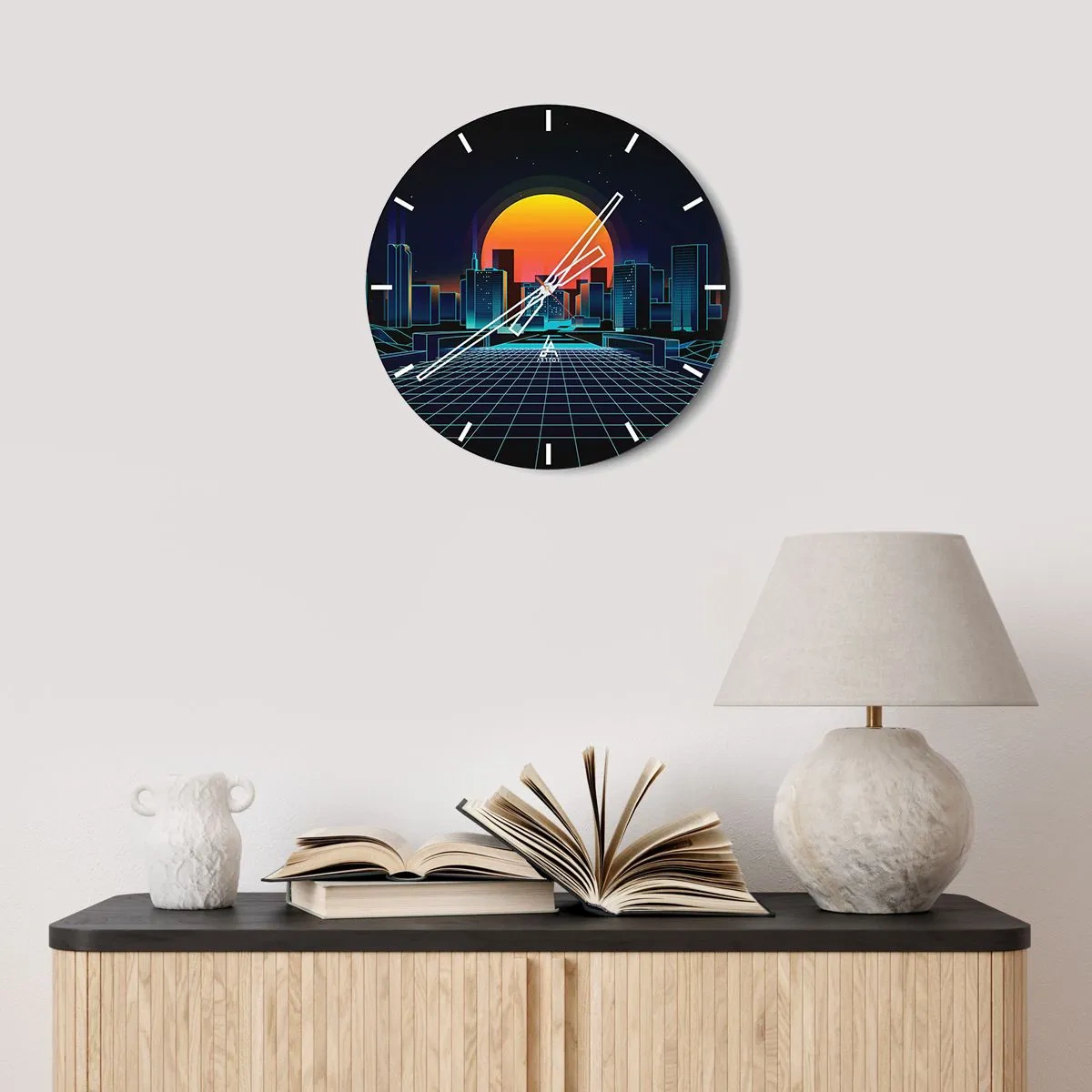 Relógio de parede - Relógio em vidro - Paisagem urbana retrô-futurista com luzes de neon e pôr do sol - 30x30cm - Ainda quer ir para o mundo real? - Decoração de parede moderna para a sala de estar, cozinha e quarto ARTTOR