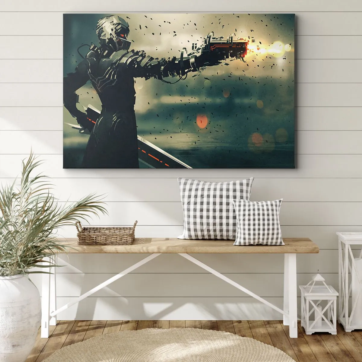 Quadro em tela - Guerreiro cibernético com armamento futurista - 70x50cm - Arma letal - seu próprio Exterminador do Futuro - Decoração de parede moderna para a sala de estar e quarto ARTTOR