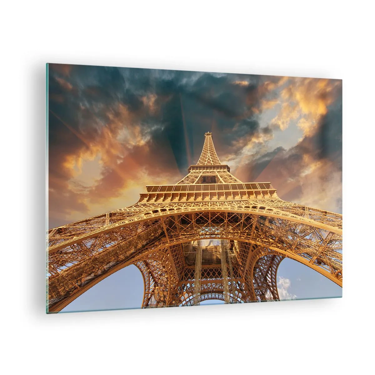 Quadro em vidro - A Torre Eiffel capturada de uma perspectiva de olho de verme - 70x50cm - Como a humanidade chegou ao céu - Decoração de parede moderna para a sala de estar e quarto ARTTOR