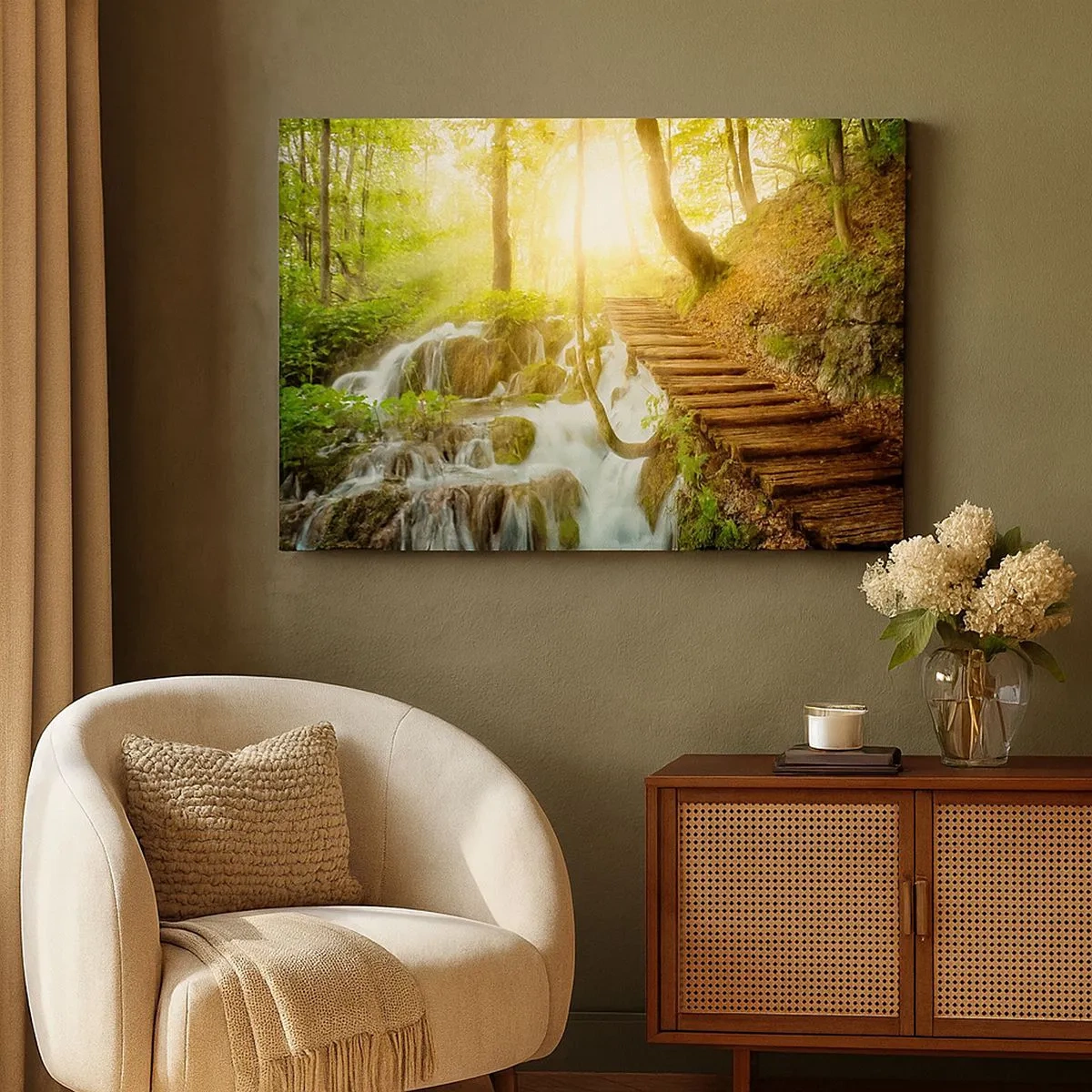 Quadro em tela - Caminho na floresta com escadas de madeira perto da cachoeira - 70x50cm - O desejado refresco - Decoração de parede moderna para a sala de estar e quarto ARTTOR