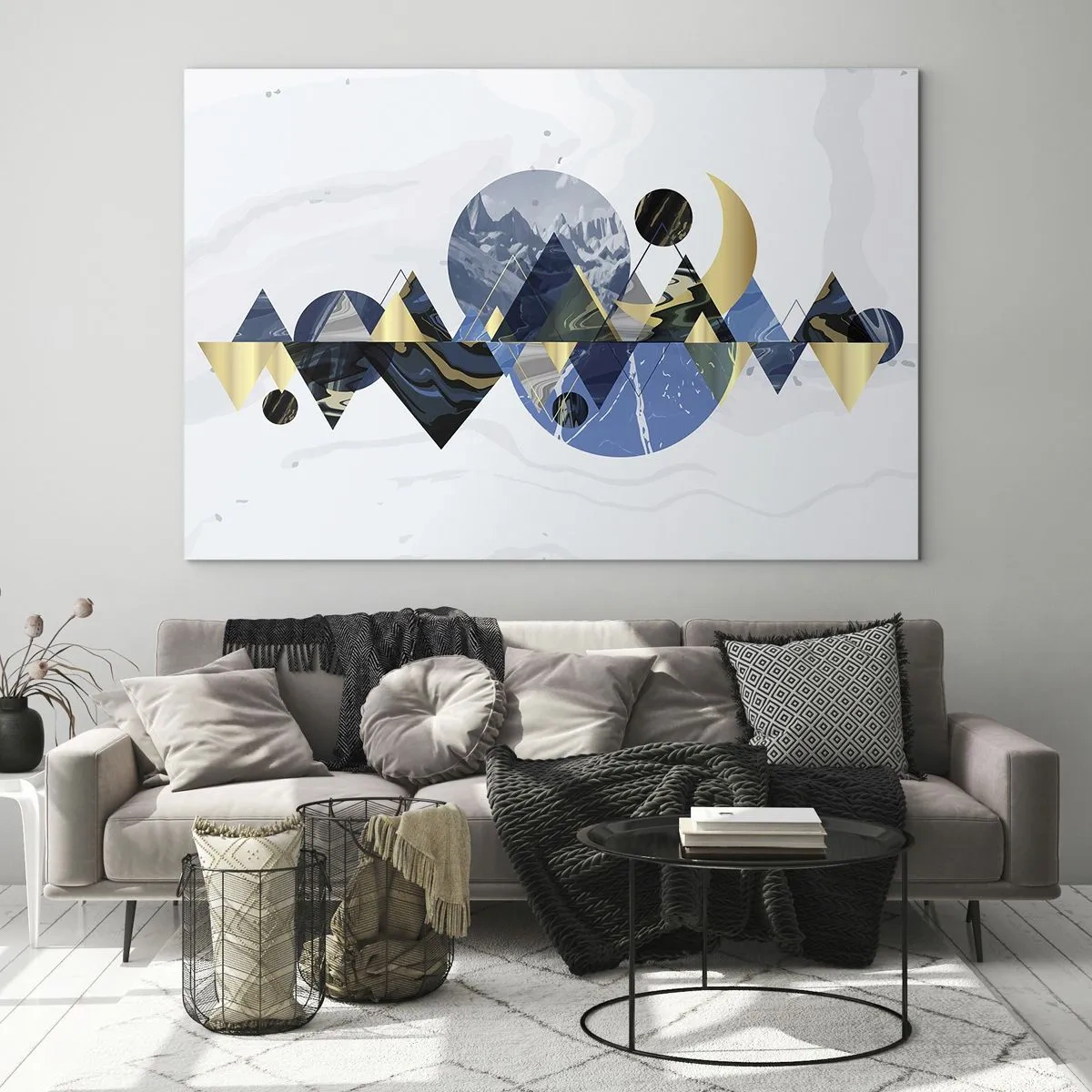 Quadro em vidro - Figuras geométricas abstratas em tons de azul marinho e dourado - 70x50cm - Paisagem geométrica - Decoração de parede moderna para a sala de estar e quarto ARTTOR