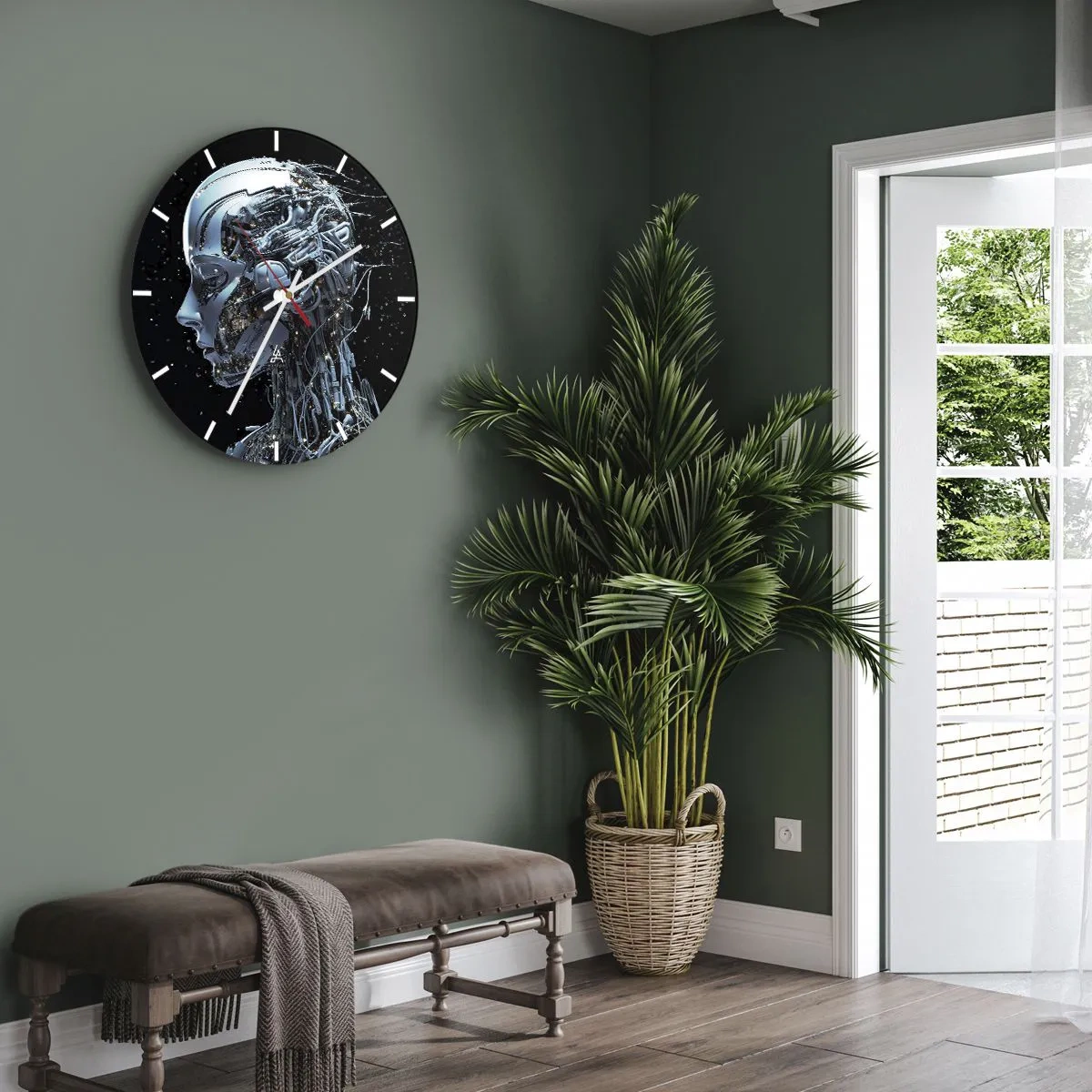 Relógio de parede - Relógio em vidro - Perfil de um robô humanoide feito de cabos futuristas - 30x30cm - A tecnologia é uma mulher - Decoração de parede moderna para a sala de estar, cozinha e quarto ARTTOR
