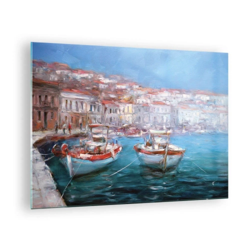 Quadro em vidro - Porto de pesca com barcos tendo como pano de fundo edifícios italianos e um céu azul - 70x50cm - Baía italiana - Decoração de parede moderna para a sala de estar e quarto ARTTOR