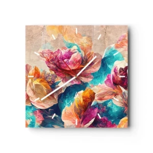 Relógio de parede - Relógio em vidro - Esplendor colorido do buquê - 40x40 cm