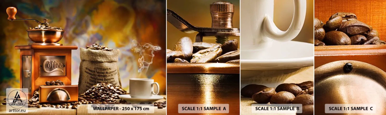 Amostra de Papel de Parede Standard Eco - A trituração do grão, o ruído do moedor - Gastronomia, Café, Moedor de café - 100x30 cm