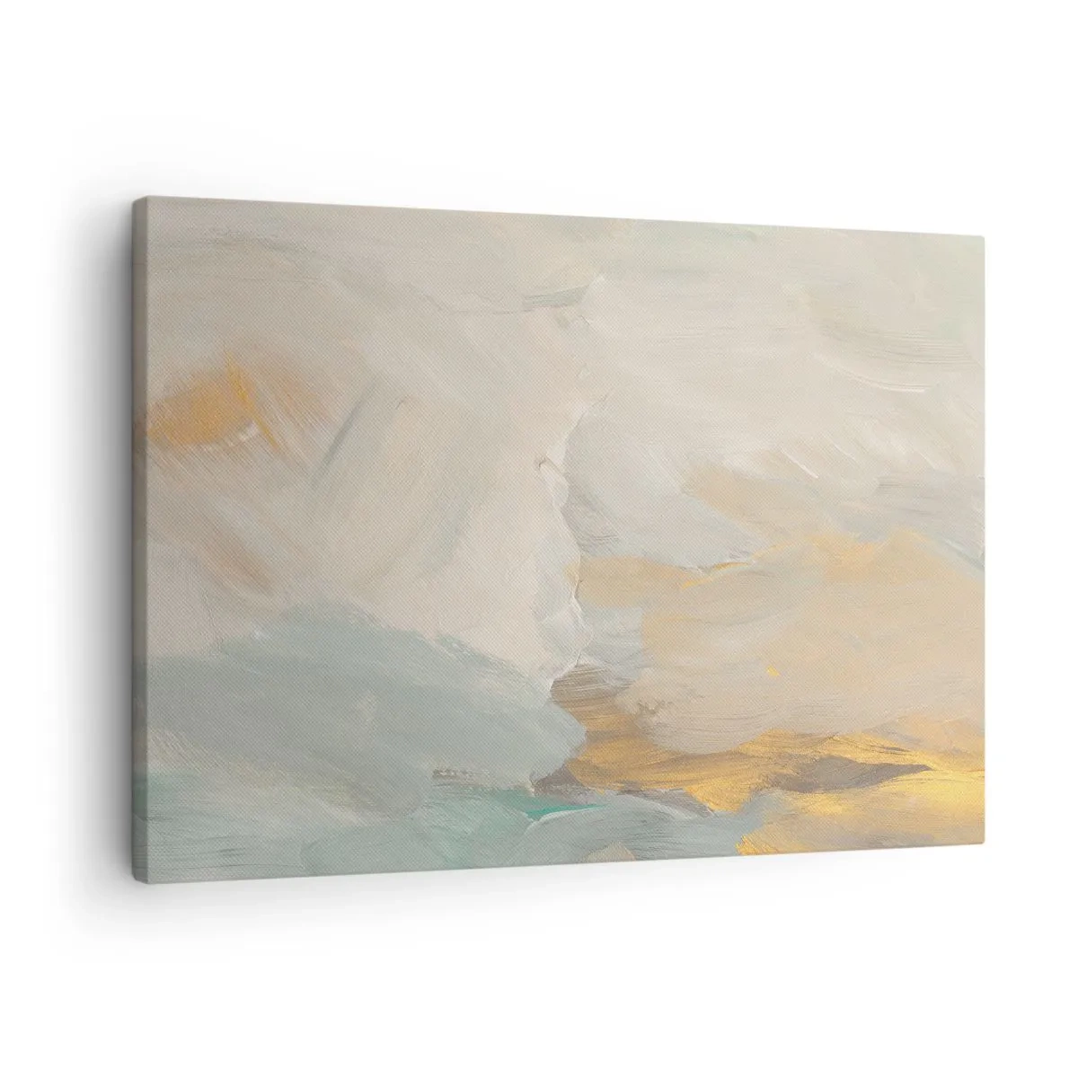 Quadro em tela - Delicados traços abstratos em tons de branco e dourado - 70x50cm - Abstração – a terra da gentileza - Decoração de parede moderna para a sala de estar e quarto ARTTOR