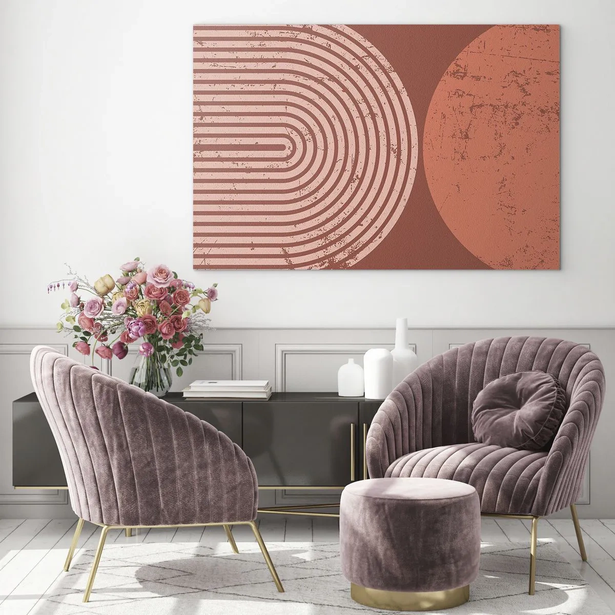 Quadro em vidro - Gráfico geométrico de cor ferrugem com um semicírculo e um círculo - 70x50cm - Relacionamento próximo - Decoração de parede moderna para a sala de estar e quarto ARTTOR