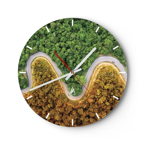 Relógio de parede - Relógio em vidro - Uma estrada sinuosa de asfalto cortando a floresta vista de cima - 30x30cm - Fronteiras e descobertas - Decoração de parede moderna para a sala de estar, cozinha e quarto ARTTOR