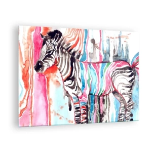 Quadro em vidro - Zebra colorida em estilo aquarela - 70x50cm - Uma piada despreocupada da natureza - Decoração de parede moderna para a sala de estar e quarto ARTTOR