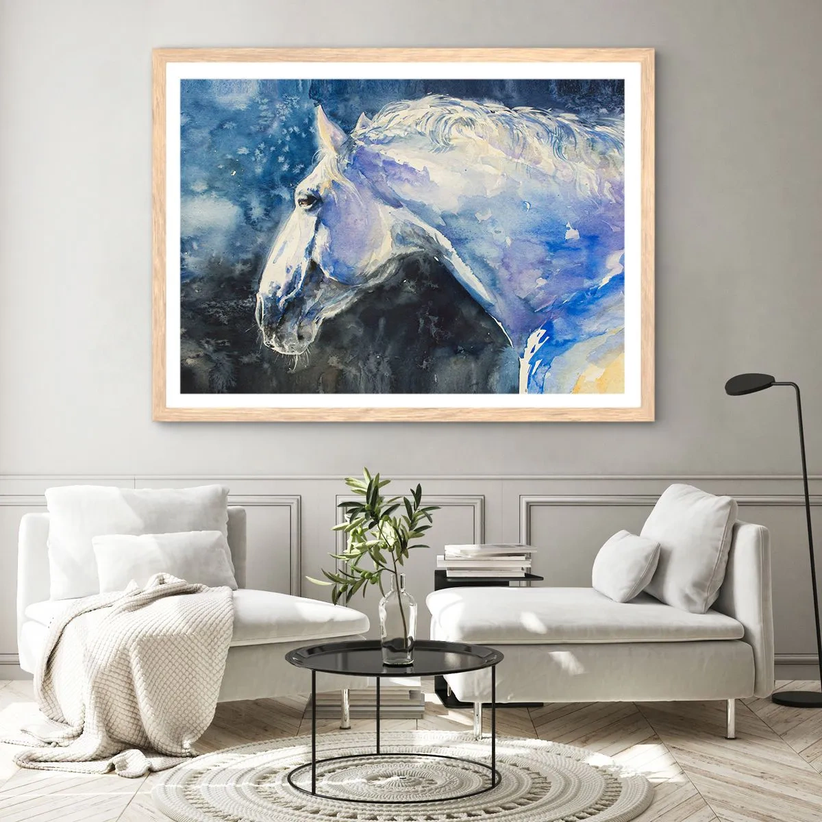 Pôster com moldura de carvalho claro - Retrato com um brilho azul - 50x40 cm