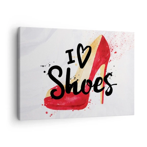 Quadro em tela - Stiletto vermelho com a inscrição "Eu amo sapatos" em um fundo branco - 70x50cm - O amor tem muitos nomes - Decoração de parede moderna para a sala de estar e quarto ARTTOR