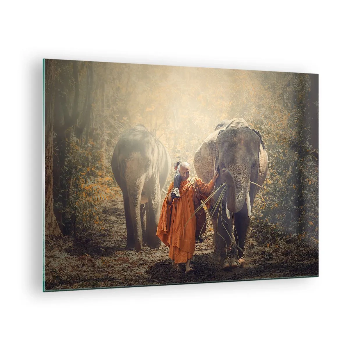 Quadro em vidro - Um monge com dois elefantes em um cenário de floresta - 70x50cm - Compreensão completa - Decoração de parede moderna para a sala de estar e quarto ARTTOR