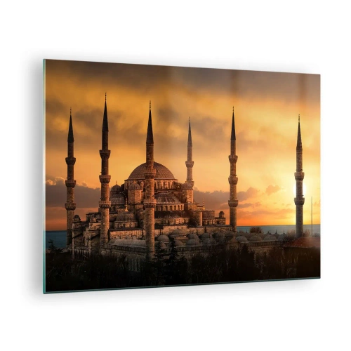 Quadro em vidro - A Mesquita Azul com o pôr do sol ao fundo - 70x50cm - Deus é grande - Decoração de parede moderna para a sala de estar e quarto ARTTOR