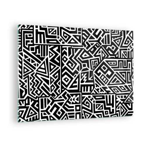 Quadro em vidro - Padrão preto e branco inspirado na arte tribal - 70x50cm - Composição pré-colombiana - Decoração de parede moderna para a sala de estar e quarto ARTTOR