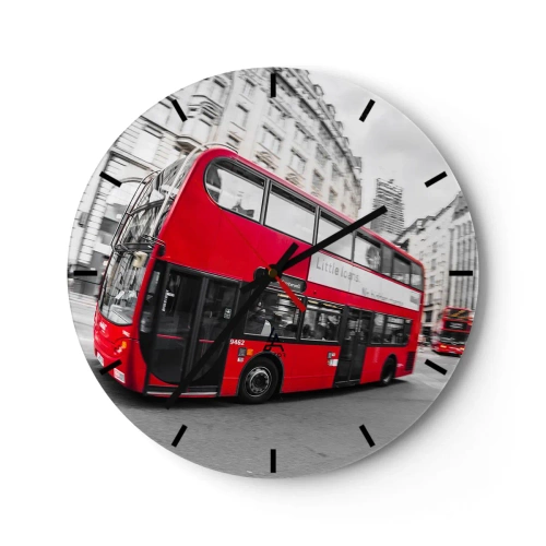 Relógio de parede - Relógio em vidro - Um ônibus vermelho em Londres com edifícios históricos ao fundo - 30x30cm - Londres tradicional - de autocarro - Decoração de parede moderna para a sala de estar, cozinha e quarto ARTTOR