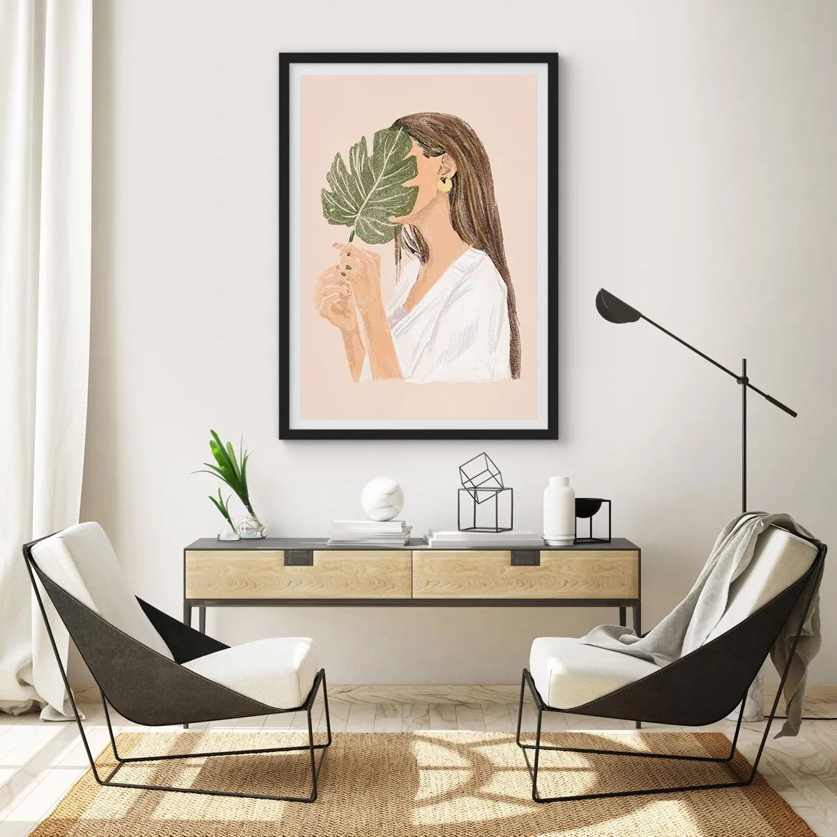 Pôster com moldura preta - Uma mulher cobrindo o rosto com uma folha de monstera. - 50x70cm - Retrato misterioso com uma adepta - Decoração de parede moderna para a sala de estar e quarto ARTTOR