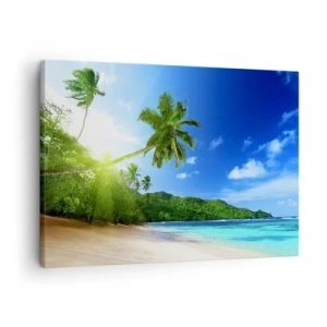 Quadro em tela - Praia tropical com palmeiras e mar azul-turquesa - 70x50cm - Toque suave dos trópicos - Decoração de parede moderna para a sala de estar e quarto ARTTOR