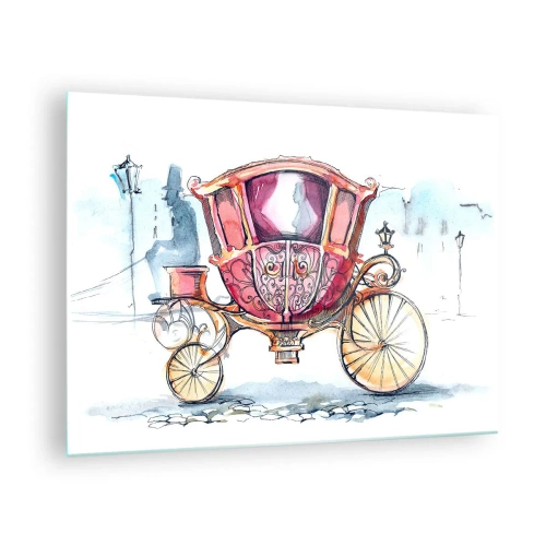 Quadro em vidro - Uma elegante carruagem em estilo aquarela contra um fundo de rua - 70x50cm - Para um casamento ou para um baile? - Decoração de parede moderna para a sala de estar e quarto ARTTOR