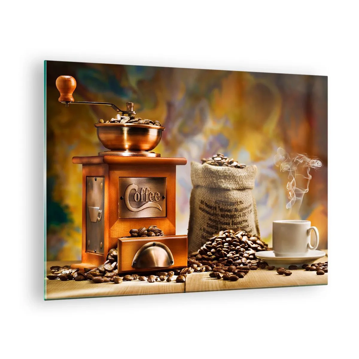 Quadro em vidro - Moedor de café, grãos e uma xícara sobre uma mesa de madeira - 70x50cm - A trituração do grão, o ruído do moedor - Decoração de parede moderna para a sala de estar e quarto ARTTOR