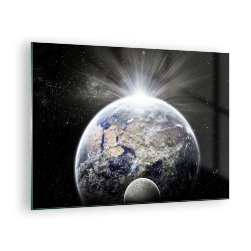 Quadro em vidro - Terra e Lua em um cenário espacial - 70x50cm - Em pleno esplendor - Decoração de parede moderna para a sala de estar e quarto ARTTOR
