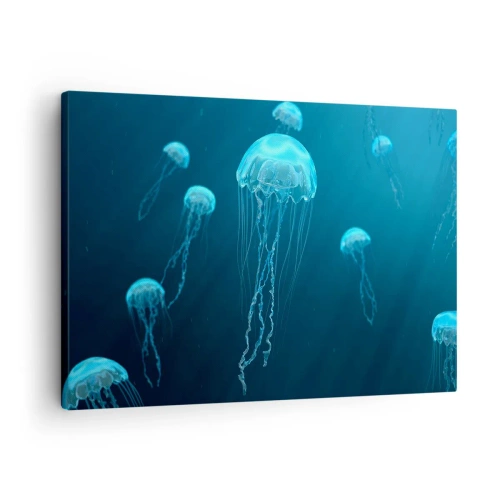 Quadro em tela - Águas-vivas flutuando nas profundezas do oceano em tons de azul - 70x50cm - Dança do oceano - Decoração de parede moderna para a sala de estar e quarto ARTTOR