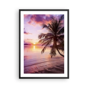 Pôster com moldura preta - Pôr do sol tropical com palmeira na praia - 50x70cm - Felicidade no horizonte - Decoração de parede moderna para a sala de estar e quarto ARTTOR