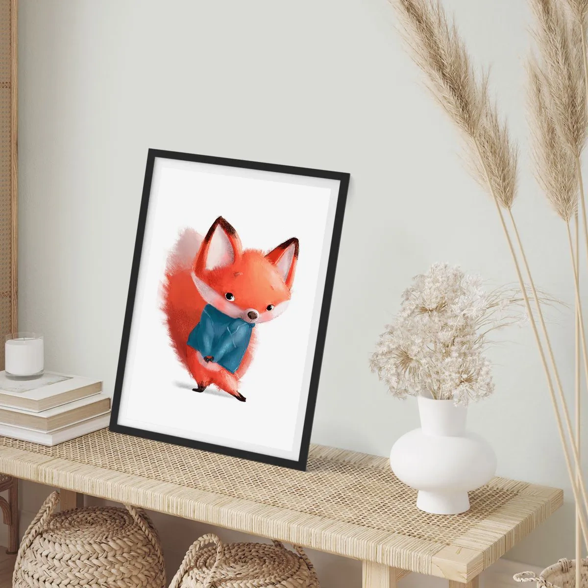 Pôster com moldura preta - Uma encantadora raposa vermelha com um suéter azul - 50x70cm - Fico bonito nisto? - Decoração de parede moderna para a sala de estar e quarto ARTTOR