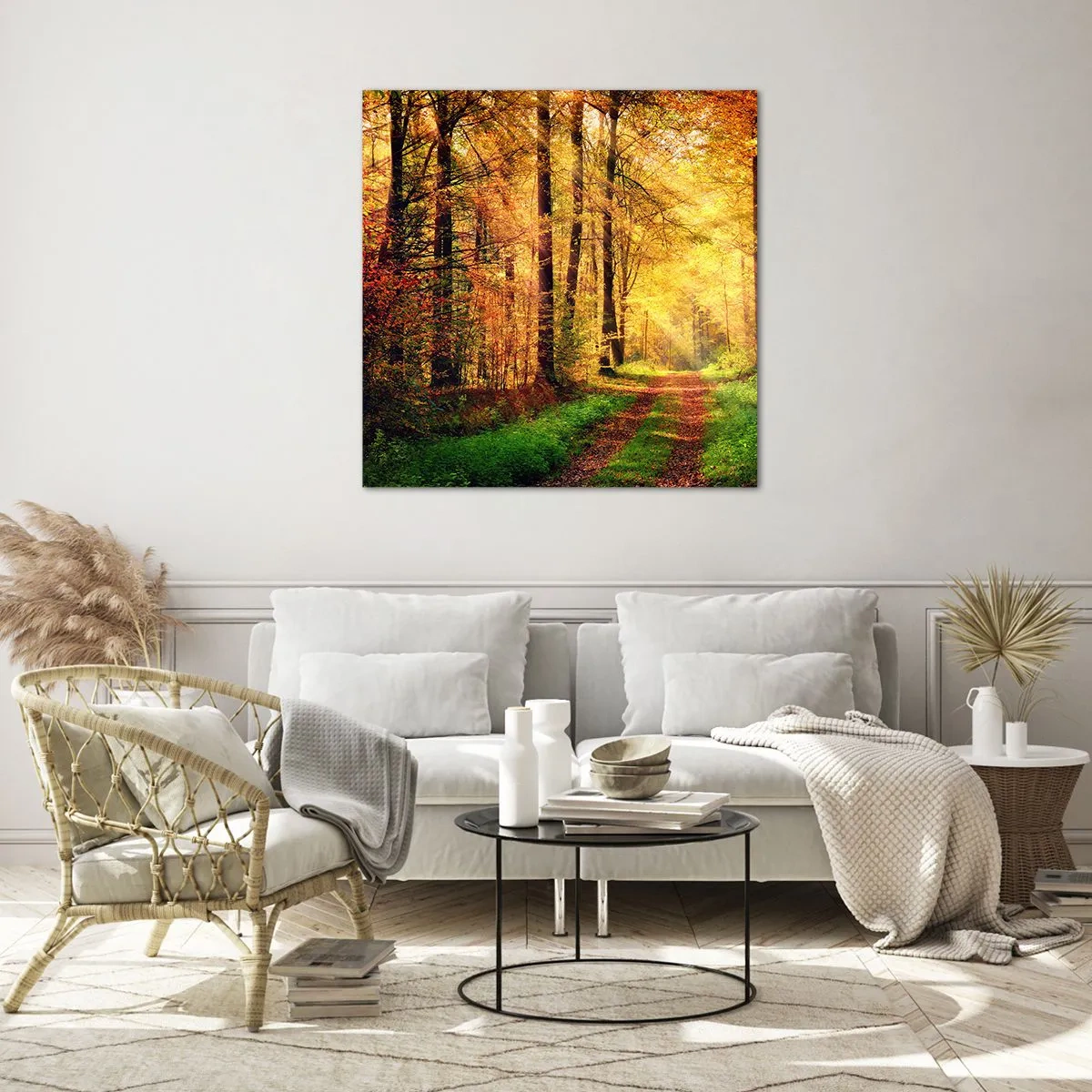Quadro em vidro - Silêncio dourado da floresta - 50x50 cm