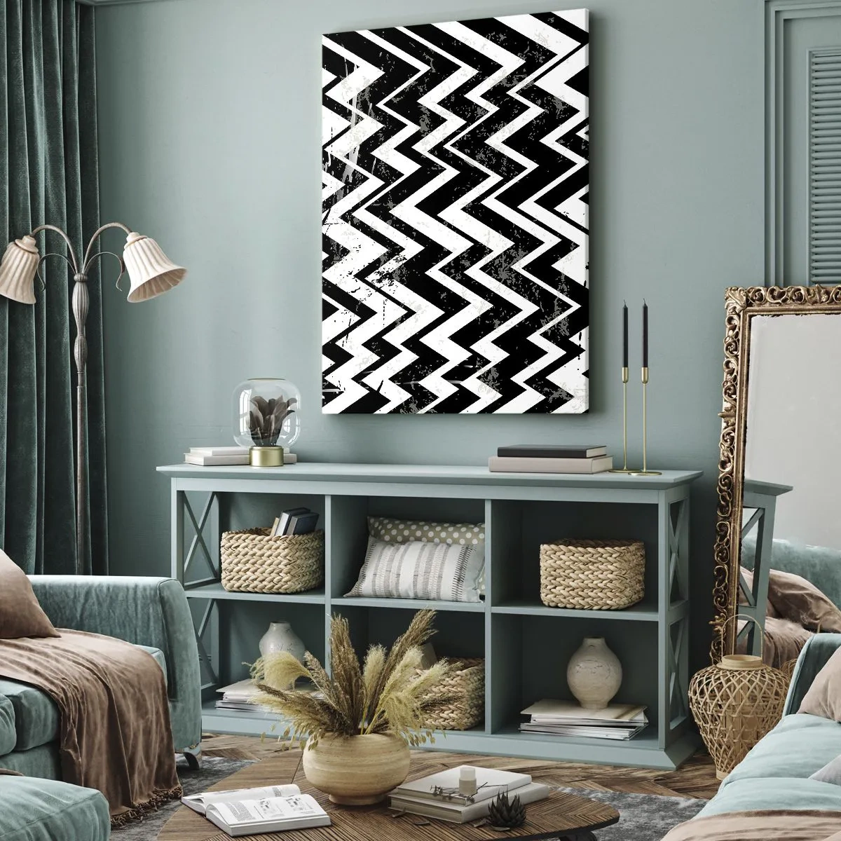 Quadro em tela - Zig-branco, zag-preto - 55x100 cm