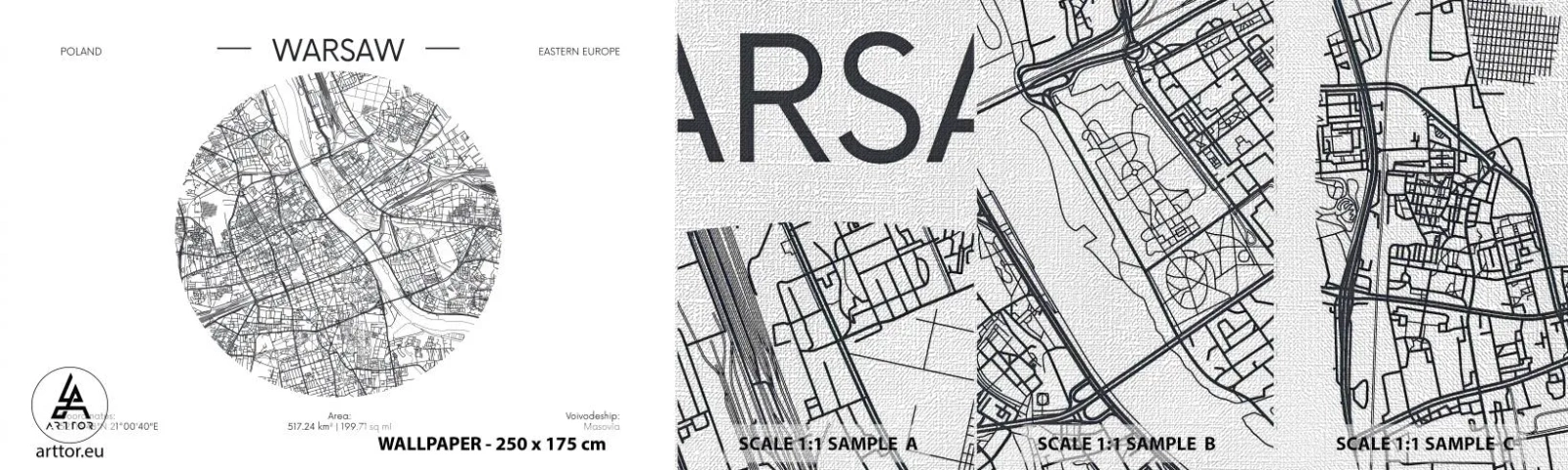Amostra de papel de parede Premium Canvas - Anatomia de Varsóvia - Mapa, Varsóvia, Polônia - 100x30 cm