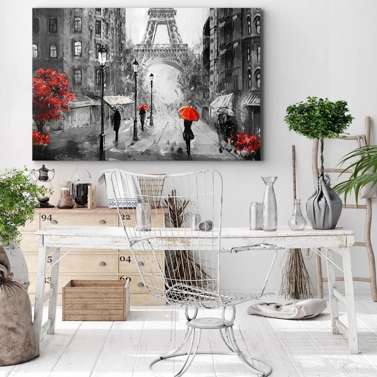 Quadro em tela - Uma rua com vista para a Torre Eiffel e guarda-chuvas vermelhos - 70x50cm - Todos os caminhos levam a ela - Decoração de parede moderna para a sala de estar e quarto ARTTOR