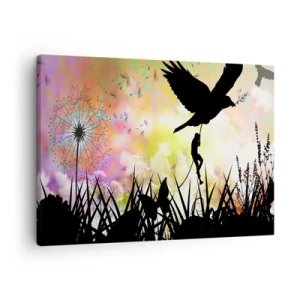 Quadro em tela - Silhueta da natureza com um pássaro e um dente-de-leão - 70x50cm - Ambiente de conto de fadas - Decoração de parede moderna para a sala de estar e quarto ARTTOR